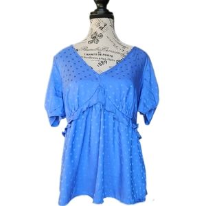 Silky Poke-a-dot Short Sleeve V-neck Blouse With Gathered Waist And Sleeves